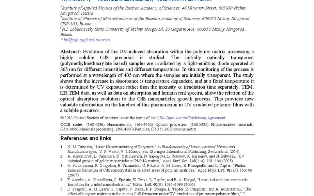 Exposure dependence of the UV initiated optical absorption increase in polymer films with a soluble CdS precursor and its relation to the photoinduced nanoparticle growth