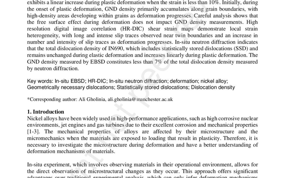 In-situ and correlative study of dislocation density and deformation mechanisms in Inconel 690